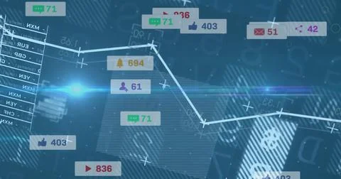 Displaying white trend line chart tracking metrics over dashboard, with floating Illustrazione stock
