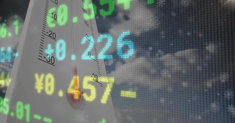 Displaying white triangular temp gauge with scale and red bulb over cloudy sky Stock Photos