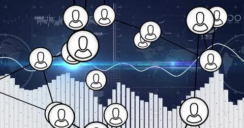 Displaying white user nodes linking via black lines on blue dashboard, with bar Stock Illustration