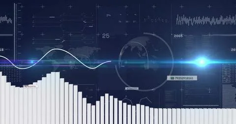 Displaying white vertical bar chart dominating virtual dashboard, showing sin Stock Illustration
