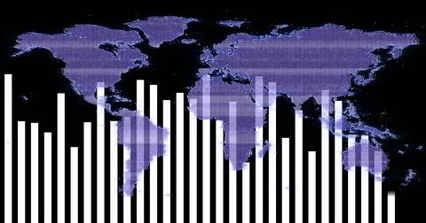 Displaying white vertical bar chart columns overlaying pixelated purple world Stock Photos