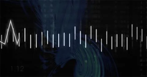 Displaying white vertical bars fluctuating on digital screen, with blue-green Stock Photos