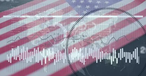 Displaying white vertical waveform bars pulsing on screen over American flag 写真素材