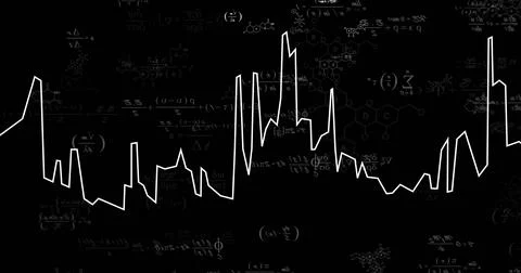 Displaying white waveform line pulsing on digital backdrop, with math symbols, Illustrazione stock