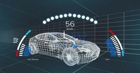 Displaying white wireframe 3D car model rotating in virtual 3D workspace, Stock Illustration