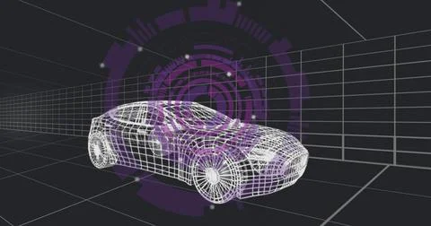 Displaying white wireframe car model in 3D workspace, with perspective grid Stock Photos
