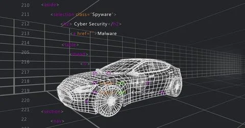 Displaying white wireframe car model on 3D grid in studio, showing HTML code and Stock Photos