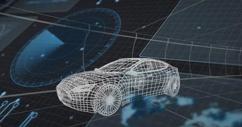 Displaying white wireframe car model rotating on virtual grid plane, with radar Stock Photos