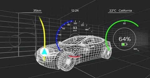 Displaying white wireframe car moving through grid tunnel, showing speed 93 km Stock Illustration
