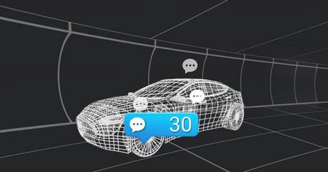 Displaying white wireframe car moving in curved-grid tunnel, showing blue chat Stock Illustration