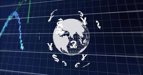 Displaying white wireframe globe orbiting floating currency symbols on virtual Stock Illustration