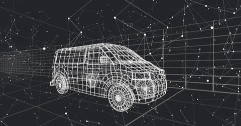 Displaying white wireframe passenger van sitting in virtual 3D space, with grid Stock Photos