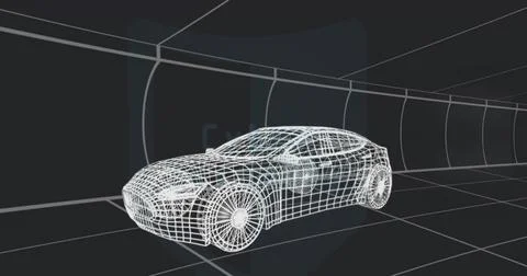 Displaying white wireframe sedan model sitting on grid floor in 3D viewport, Illustrazione stock