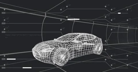 Displaying white wireframe sedan model occupying center in virtual 3D grid, with 库存插图
