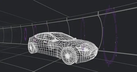 Displaying white wireframe sedan model on grid floor inside 3D tunnel, with Stock Photos