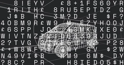 Displaying white wireframe SUV model rotating in virtual studio, with symbols Stock Illustration