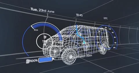 Displaying white wireframe SUV in tunnel, showing Eco gauge, battery 100%, nav Stock Illustration
