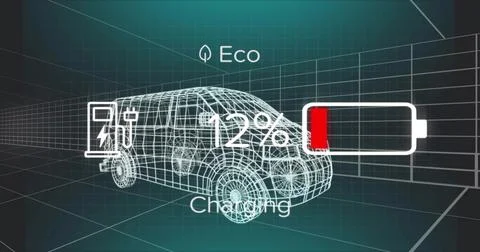 Displaying white wireframe van charging in 3D grid corridor, showing 12% batt Stock Illustration