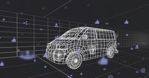 Displaying white wireframe van model over grid lines in 3D space, with floating 스톡 일러스트