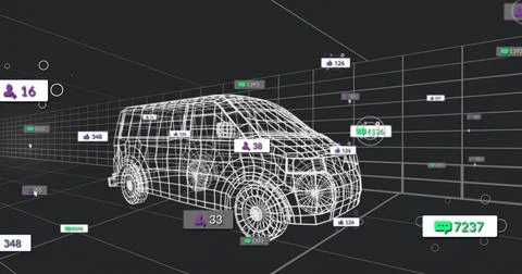 Displaying white wireframe van model hovering in dark virtual 3D grid, with Stock Illustration