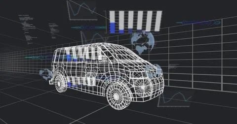 Displaying white wireframe van model rotating in virtual 3D modeling space, Illustrazione stock