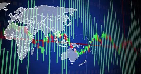 Displaying white world map outline with green bars, candlesticks and red Stock Illustration