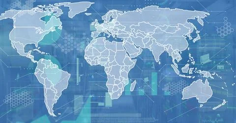 Displaying white world map over server rack interface showing hex grids, bar Foto stock