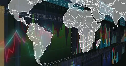 Displaying white world map overlaying digital screen, with line graphs and bar イラスト素材