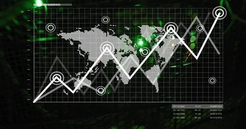 Displaying white zigzag graph with nodes climbing across HUD grid, dotted map 스톡 일러스트