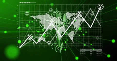 Displaying white zigzag line chart showing node markers over dotted map and Stock Illustration