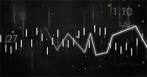 Displaying white zigzag trend line on dark dashboard with candlestick bars, Illustrazione stock