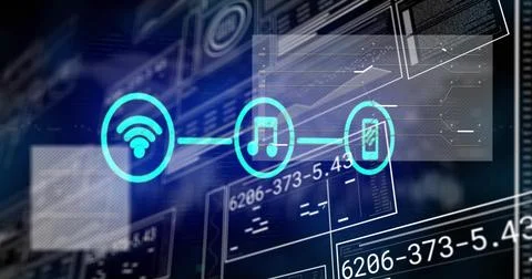 Displaying Wi-Fi, music note, smartphone icons linking by neon line on HUD, Stock Illustration