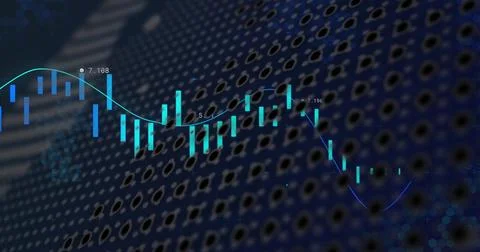 Displaying wide candlestick chart with teal bars, cyan trend line, value labels Stock Illustration