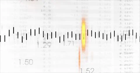 Displaying wide waveform of vertical black bars on digital chart, with warm Stock Illustration