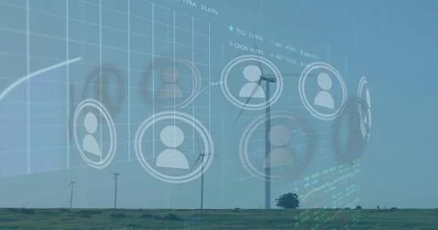 Displaying wind turbines blending digital dashboard over flat grassland, showing Stock Photos