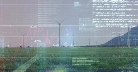Displaying wind turbines generating power on plain at rural site, with overlaid Illustration
