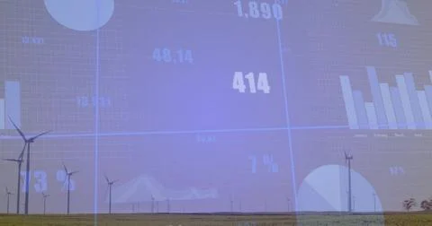 Displaying wind turbines on grassy plain horizon, overlaid with digital charts Stock Photos