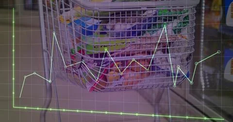 Displaying wire mesh basket holding bright snack packs on metal legs in grocery Stock Illustration