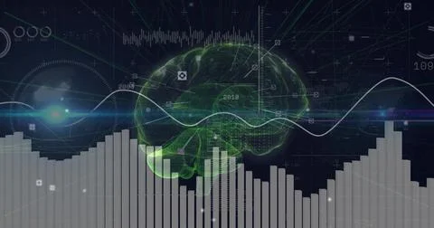 Displaying wireframe 3D brain model hovering in dashboard, with white waveform 스톡 일러스트