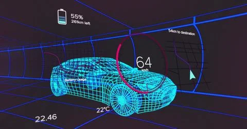 Displaying wireframe 3D car model traveling through curved neon tunnel, with Stock Illustration