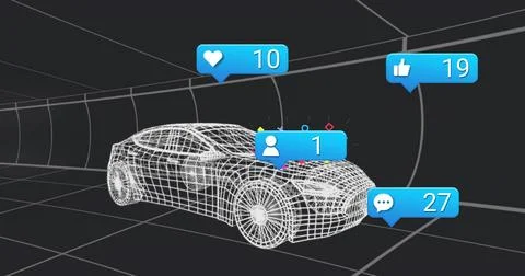 Displaying wireframe 3D car model rotating in dark grid tunnel viewport, showing 스톡 일러스트