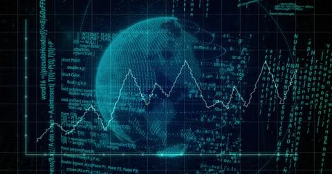 Displaying wireframe 3D globe over grid plane on digital dashboard, showing j Stock Illustration