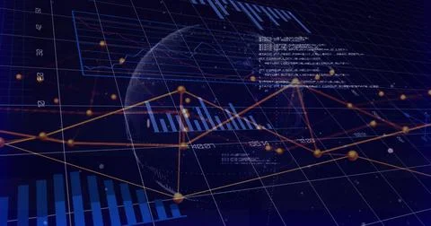 Displaying wireframe 3D globe rotating on digital dashboard, showing blue bars Illustrazione stock