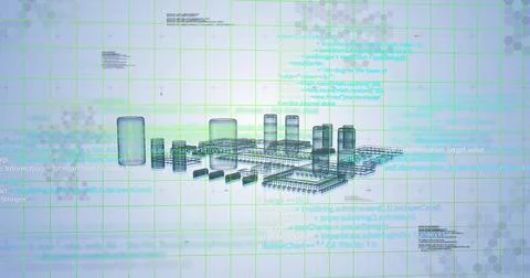 Displaying wireframe 3D model in schematic viewer, featuring overlaid code and Illustrazione stock