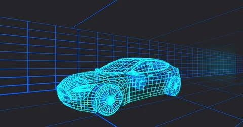 Displaying wireframe 3D sedan model glowing inside virtual grid tunnel, with イラスト素材