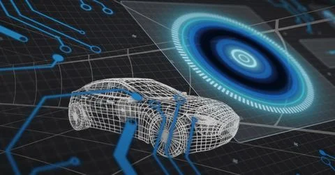 Displaying wireframe 3D sedan model rotating on dark perspective grid, with Stock Illustration