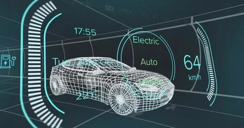 Displaying wireframe 3D sedan model rotating in virtual HUD environment, with Stock Illustration