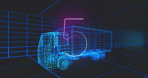 Displaying wireframe 3D semi-truck with trailer rotating in virtual grid stud Stock Illustration