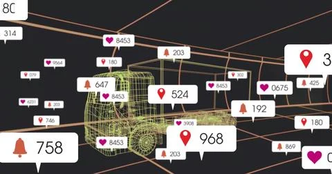Displaying wireframe 3D truck rotating in virtual grid workspace, with floating Stock Photos