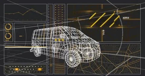Displaying wireframe 3D van model rotating in telemetry dashboard, with line Stock Illustration